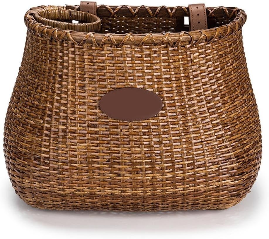 Panier de vélo cargo avant - Grande capacité tissé à la main – Panier de rangement avec porte-gobelet intégré, mousqueton réglable en cuir