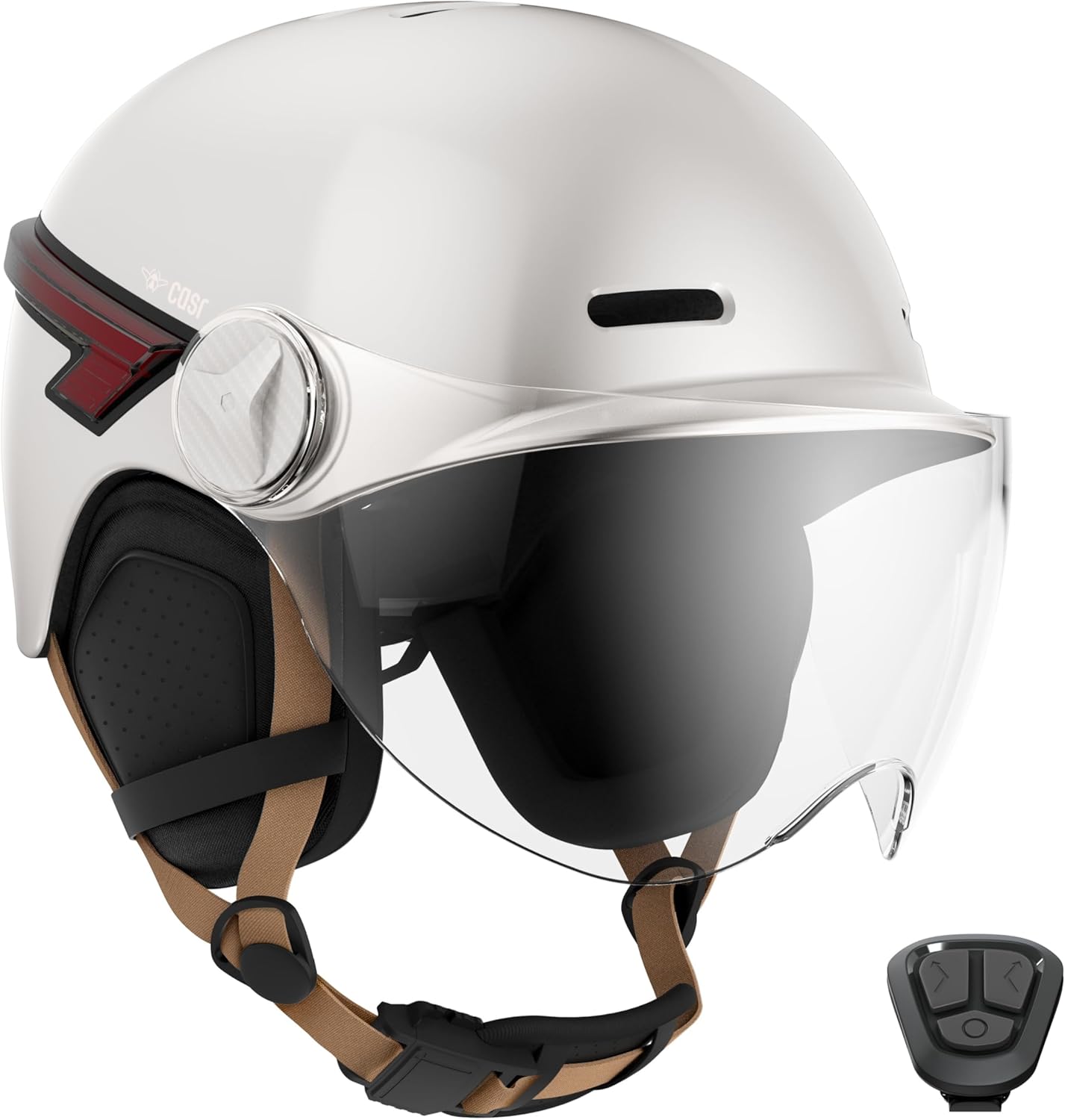 Glow - Casque LED pour Vélo & Trottinette - Visière XL & Cache-Oreilles Amovibles, Clignotants arrières & Télécommande - Joli Design Urbain pour Homme & Femme - Ivoire Brillant - Taille L