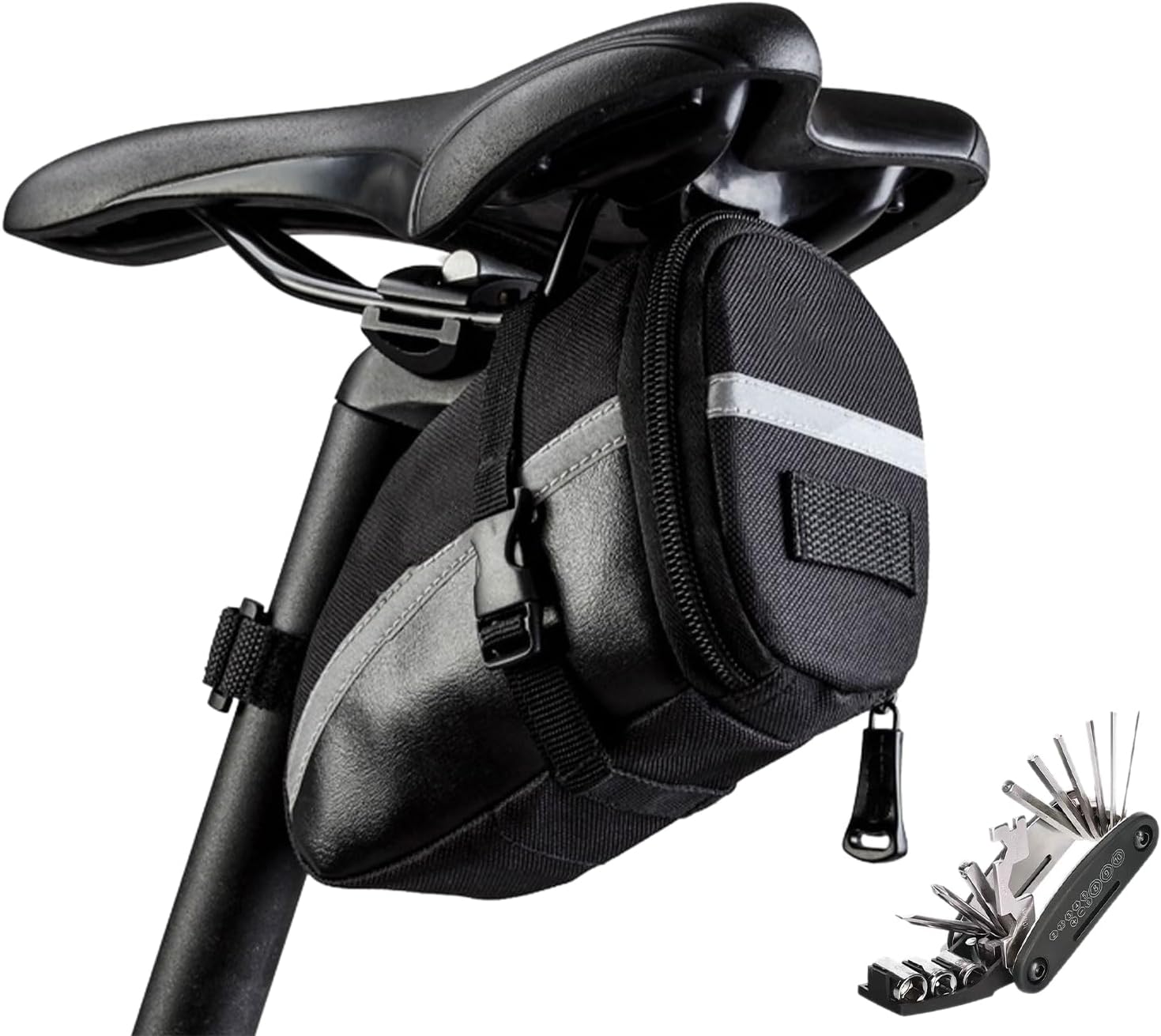 Sacoche Velo de Route, Sacoche de Selle Vélo de Montagne avec Grande capacité, Accessoire Velo Réfléchissant, Outillage Velo de 16 en 1 pour Vélo de Route VTT Pliant (Noir)