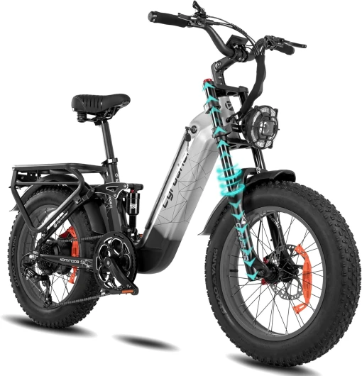 Extrbici Vélo Électrique Kommoda 20 Pouces pour Adultes, 250W 15Mph 48V 20Ah 75Miles Fat Bike, Suspension à Air, Freins à Disque Doubles, Shi-Mano 7 Vitesses
