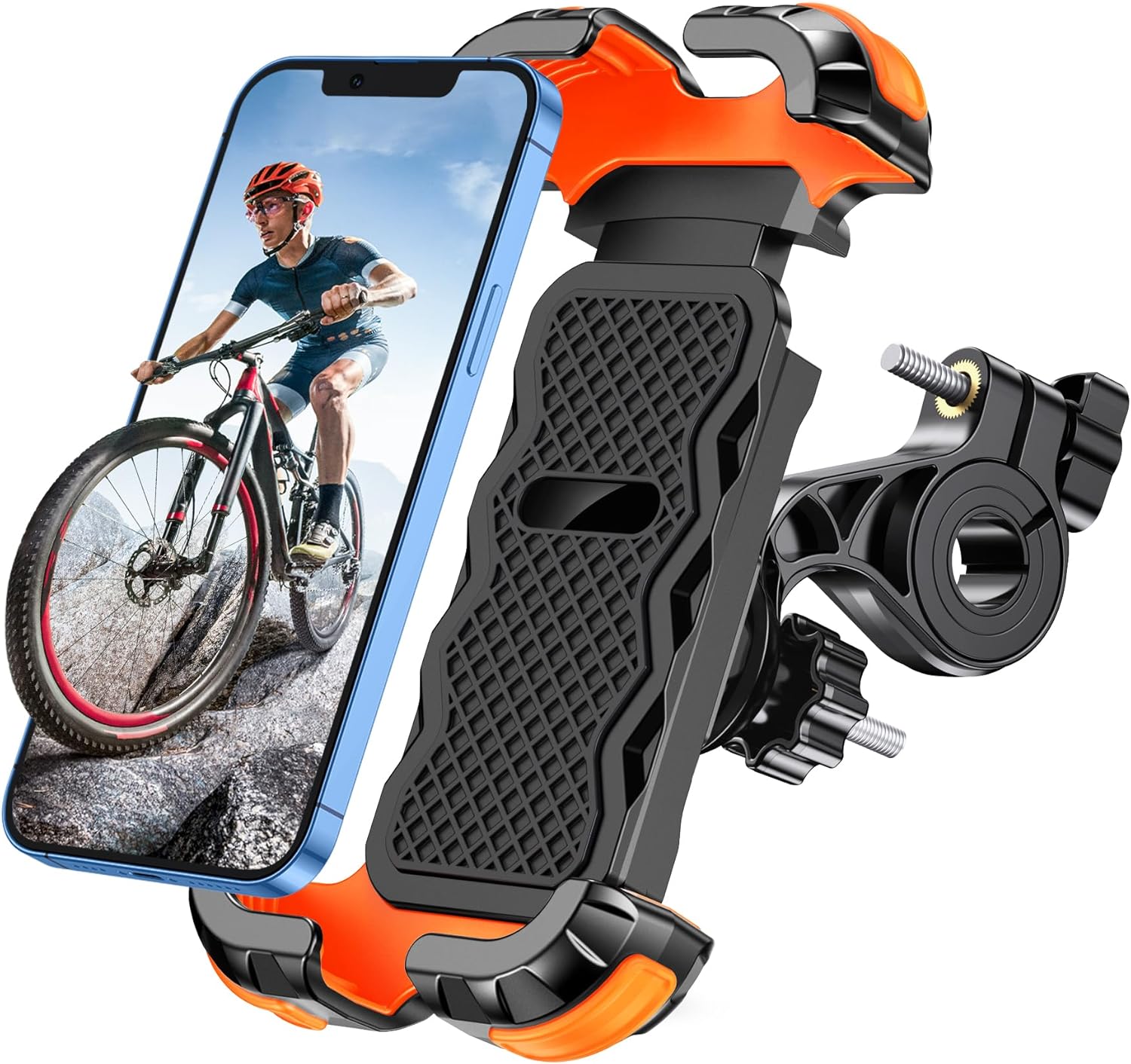 Support Telephone Velo [Verrouillage Sécurisé], Installation Rapide Anti-Chute Support Telephone Moto 360° Rotation, Compatible avec iPhone 16 Plus/15 Pro Max, Autres Smartphones de 4.7"-6.8" Orange