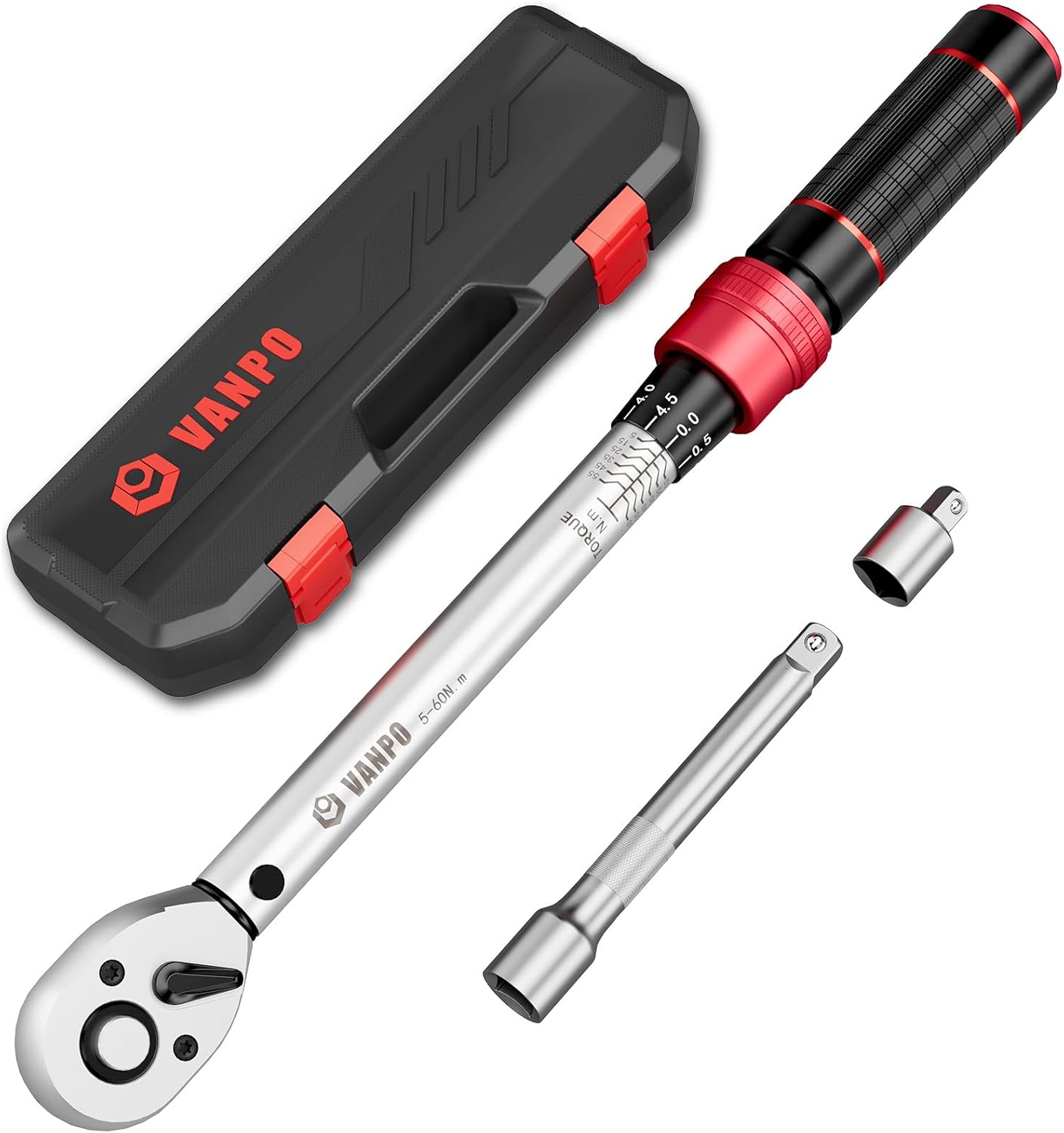 VANPO Clé Dynamométrique 3/8'', 5-60NM Cle Dynamométrique Set avec Adaptateur 3/8"-1/4", Barre d'extension 125 mm pour Vélo et Moto, Remplacement de Bougie D'allumage de Auto 3/8“ 5-60Nm