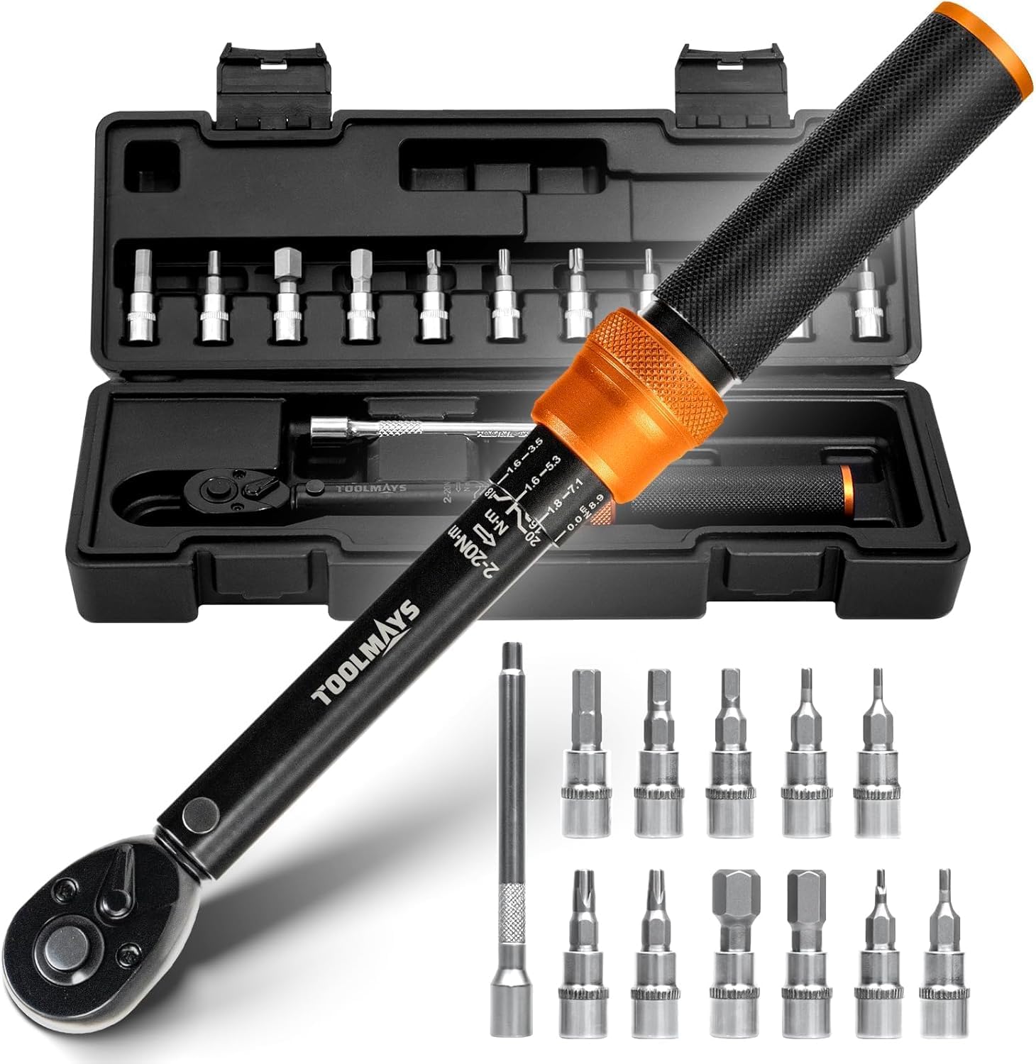 Cle Dynamometrique Velo et Moto, Clé Dynamométrique 1/4 pouce 2-20Nm, Clef Dynamométriques Vélo Cliquet Réversible 72 dents, y compris Douille Hexagonale et Embouts Torx