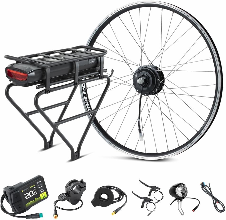 Ebike Conversion Kit 36V250W 26''/28" Moteur Avant Contrôleur intégré avec Hailong Plus 36V 15.6Ah batterie/36V 13Ah Batterie Porte-Bagages pour 28" Frein à Disque V-Brake vélo arrière Moteur avant 28'' avec porte-bagages Batterie(R1 Pro)