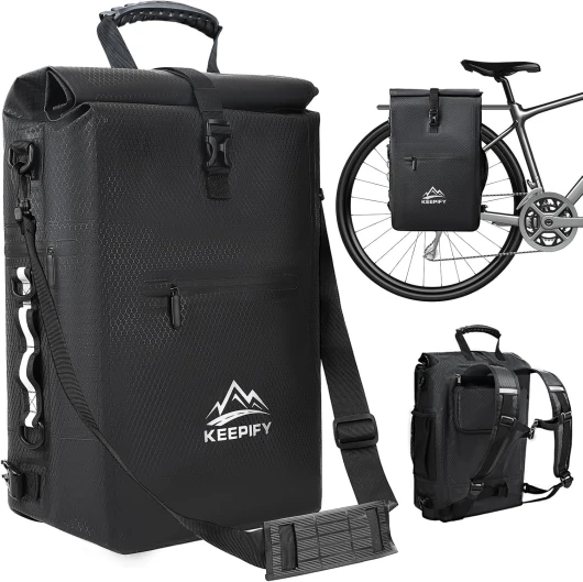 KEEPIFY Sacoche Vélo 3en1, 25L Sac à Dos Étanche avec Compartiment Ordinateur - Convient pour Sacoche Vélo Porte Bagages Arrière&Sac Sport&Sac à Bandoulière - Idéale pour Cyclisme/Travail/Commuting 68*28*17CM
