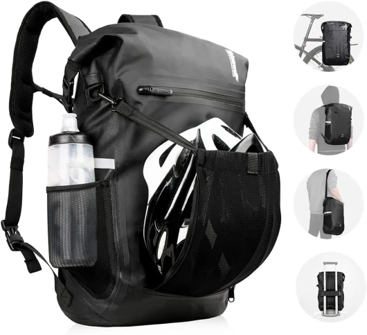 Sacoche de vélo 3 en 1 pour Porte-Bagages 22 L - Étanche et Réfléchissante - Sac à Dos, Porte-Bagages et Sac à Bandoulière combiné + Filet pour Casque & Compartiment pour Ordinateur Portable Noir-22l