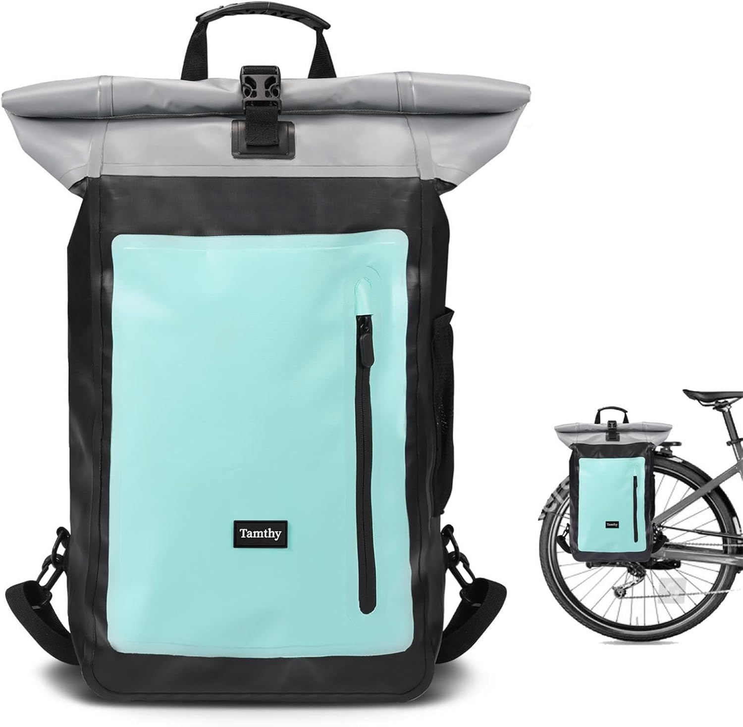 Tamthy Sacoche Velo Porte Bagage Arriere 100% Imperméable avec Compartiment pour Ordinateur Portable 2 en 1 Sac à Dos & Sacoche Vélo Arriere pour Vélo, Déplacements Quotidiens, Voyages (Menthe, 28L)