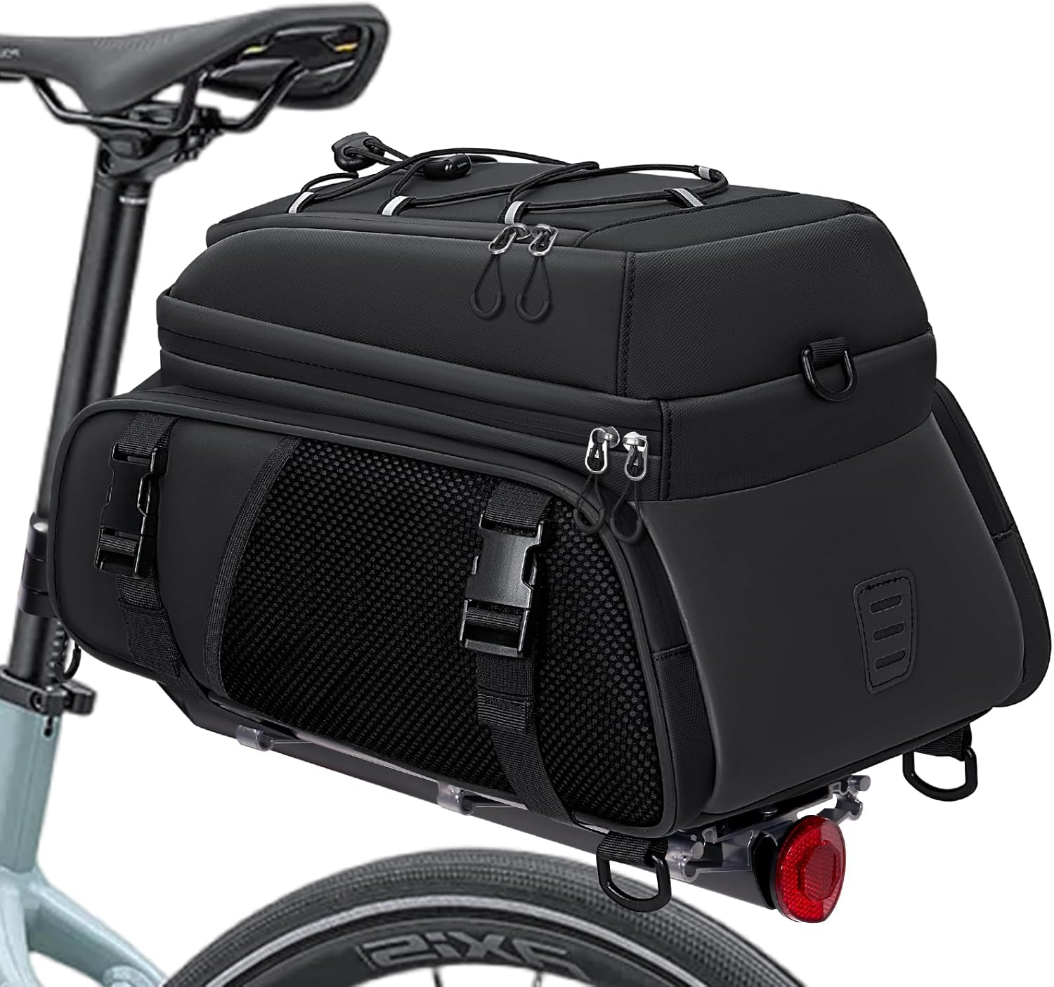 RAINSMORE 3 en 1 Sacoche Velo Porte Bagage Arriere 15L Imperméable Sacoche Vélo Arrière avec Réfléchissante et Housse de Pluie Noir