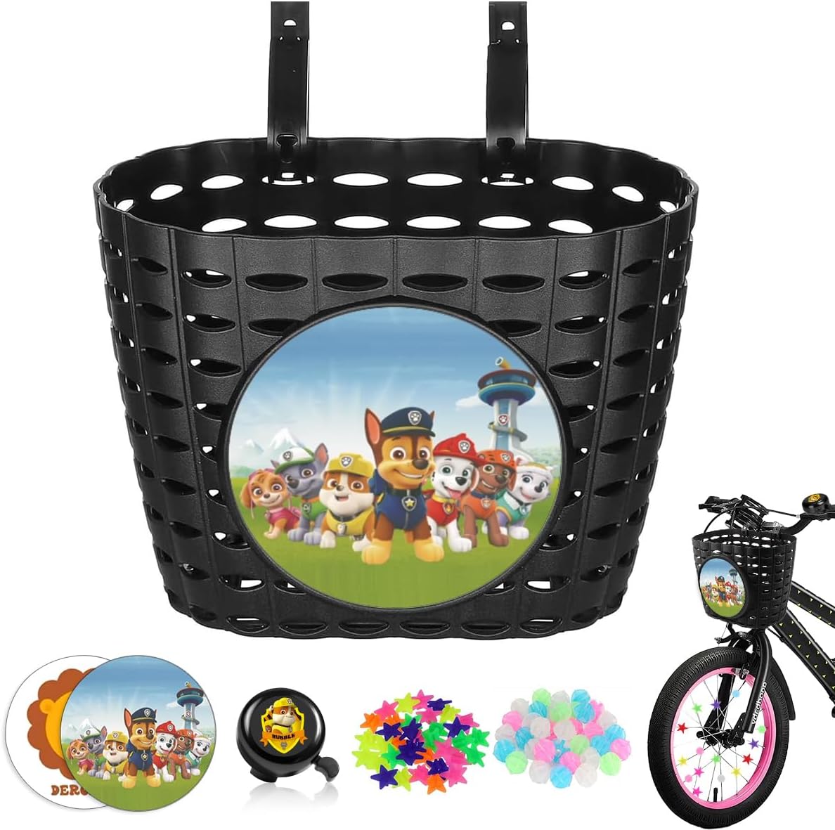 Panier de Vélo pour Enfant, Panier de Vélo Avant pour Enfants avec Perles Rayons Velo et Sonnette de Vélo, Paniers de Guidon de Avant Enfant pour Tricycles, roulettes Noir