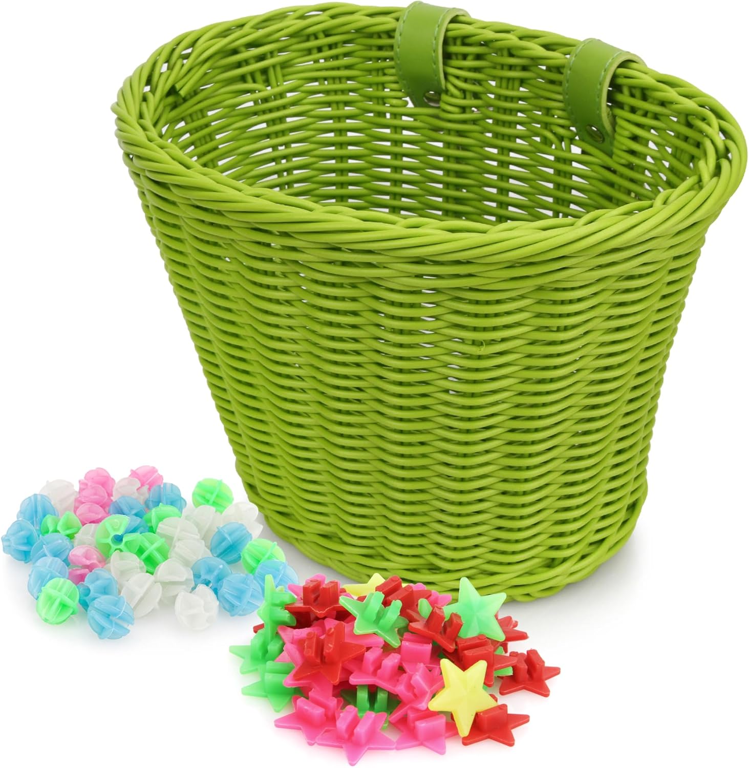 Panier de vélo avant tressé pour enfant avec 72 décorations de rayons de vélo colorés, convient pour les vélos d'enfants de 12 à 20 pouces Vert