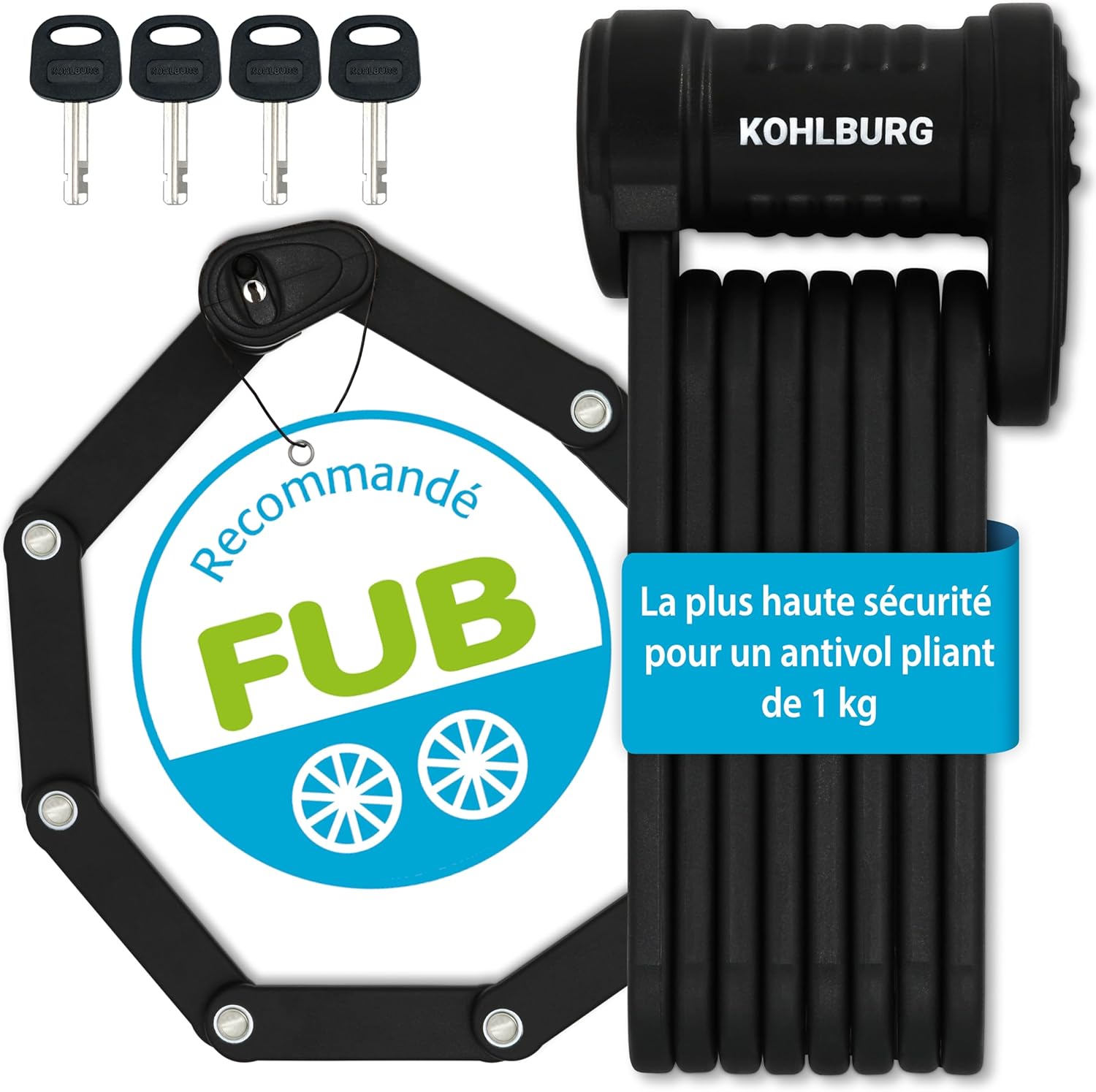 KOHLBURG Antivol velo de sécurité pliable [FUB 2 roues homologué] - Antivol vélo pliant 89 cm avec niveau de sécurité le plus élevé - Cadenas pour vélo électrique, moto, trottinette
