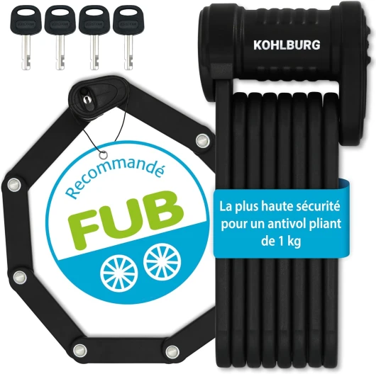 KOHLBURG Antivol velo de sécurité pliable [FUB 2 roues homologué] - Antivol vélo pliant 89 cm avec niveau de sécurité le plus élevé - Cadenas pour vélo électrique, moto, trottinette