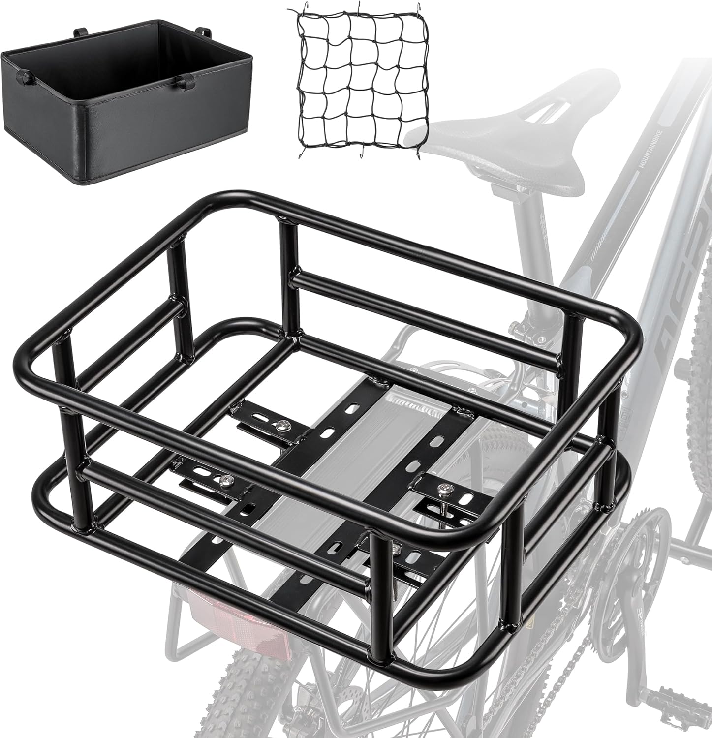 Panier de vélo arrière avec filet cargo et doublure - Charge maximale : 30 kg - Volume : 10 l - Panier de vélo pour vélo, vélo électrique