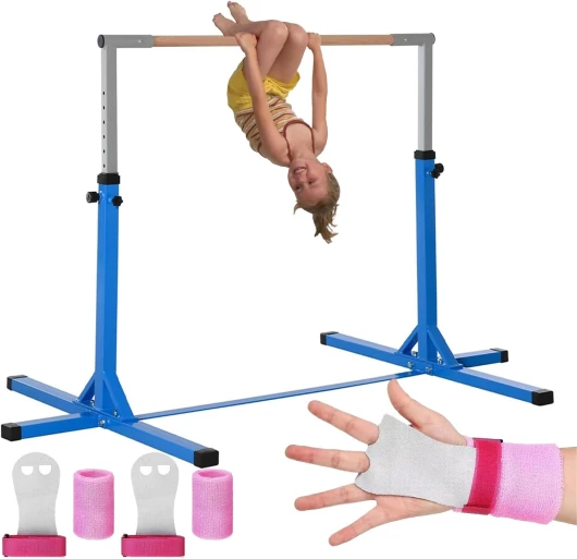 Gym Bar® Barre Fixe de Gymnastique pour Enfant Bleue - 13 Niveaux Ajustables de 90 à 150 cm - en Acier et Fibre de Verre - Kit de Protection Offert - Usage Intérieur Extérieur - Aerobik