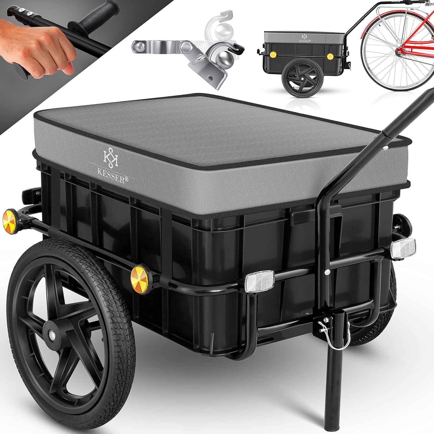 KESSER® Remorque pour vélo Remorque Chariot de Transport avec attelage Timon Haut pour vélo Remorque de Transport Boîte de Transport avec 70 litres de Volume Max - 60 kg Grau