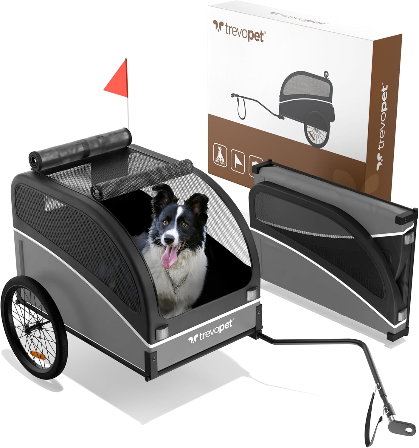 ® Remorque Velo Chien – Chariot Pliable avec attelage et réflecteurs – Carriole étanche Jusqu’à 40kg – Compatible avec vélos électriques – Noir Gris
