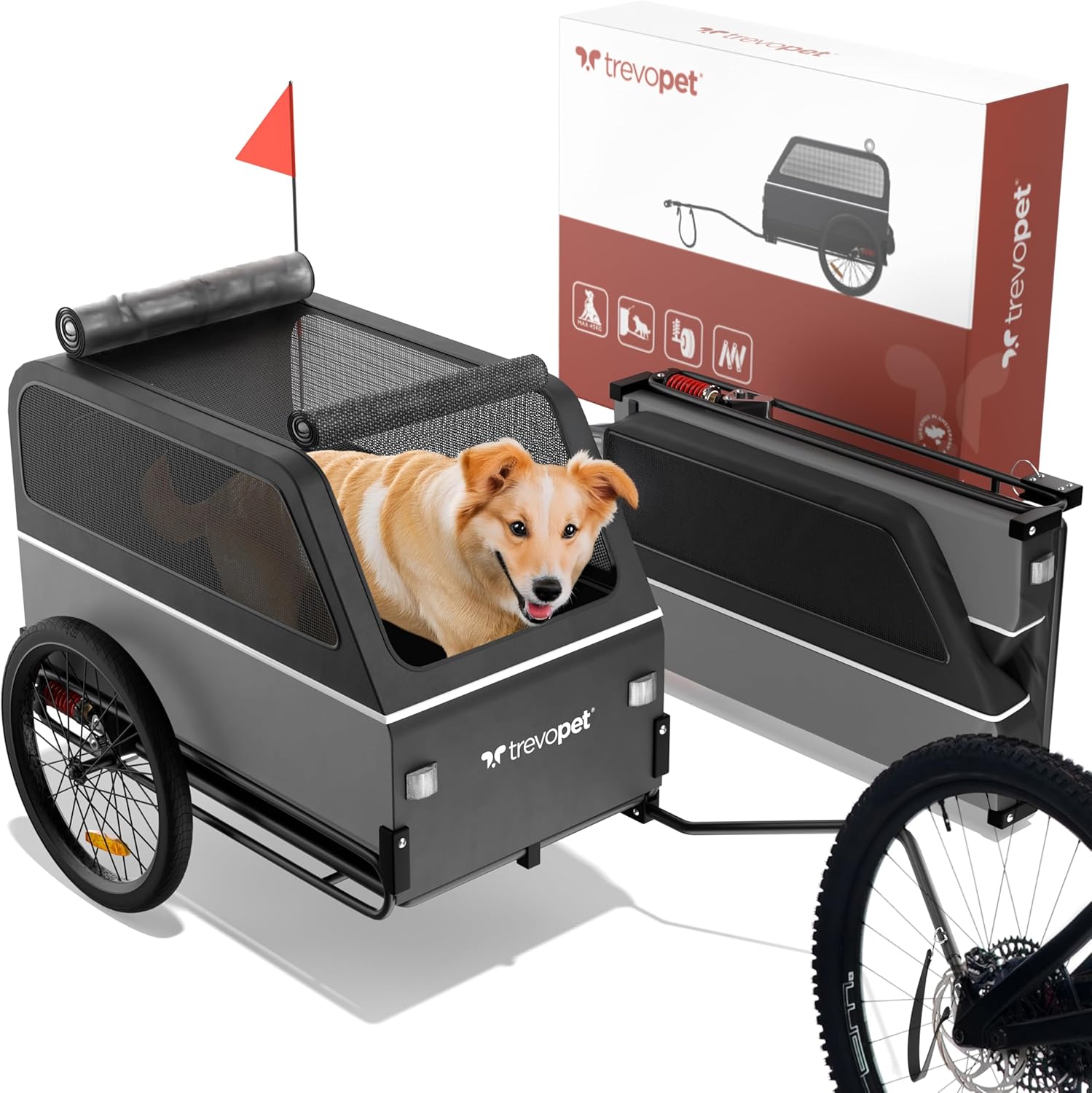 ® Remorque Velo Chien XL – Chariot Pliable avec Rampe et Suspension – Carriole étanche Jusqu’à 45kg – Compatible avec vélos électriques Gris