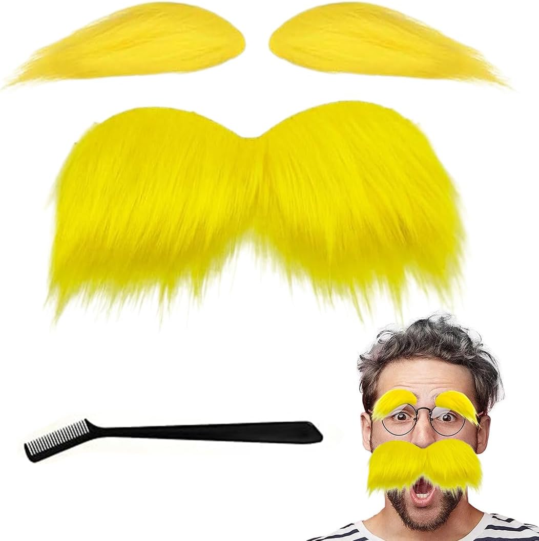 MOLZINY Fausses Moustaches Autocollantes Jaune Fausse Moustaches et Sourcils Fausses Barbes Moustache Autocollante Drôle Fausse Barbe Barbe Auto-Collante DIY pour Costume Cosplay Accessoire de Fête