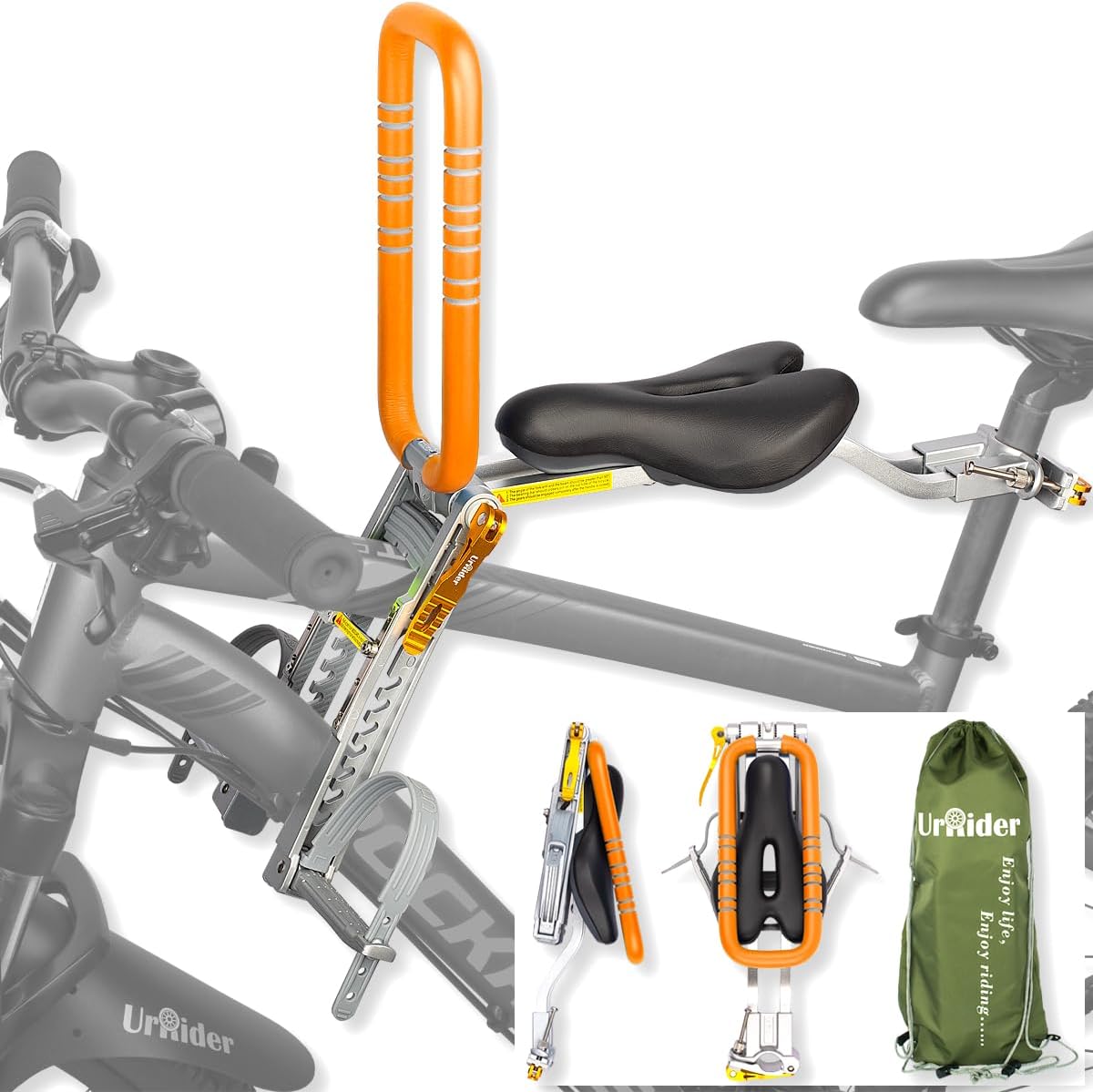 UrRider Nouveau siège de vélo pour Enfant de Mise à Niveau, Pliable, Portable, Porte-vélo pour Enfant à Montage Avant à dégagement Rapide sans Outil… Orange