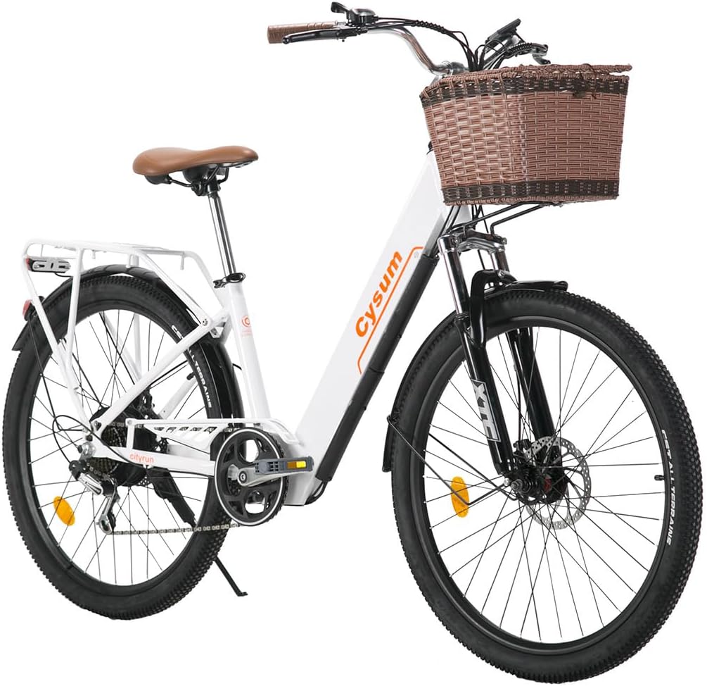 Cysum Cityrun Vélo électrique, City E-Bike pour Femme, 26 Pouces Pedal Assist vélo électrique, Batterie 36 V 10 Ah, autonomie 80 km, Moteur 250 W, Max 25 km/h Blanc