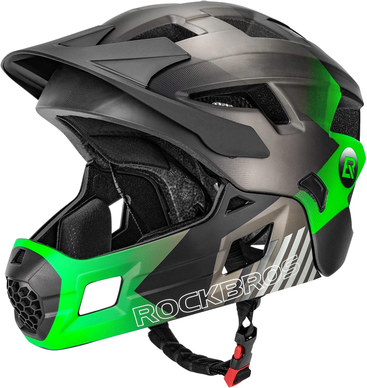Casque BMX d'enfant, Casques Intégral Vélo VTT, Casque Complet pour Garçon Fille Anti-Choc Menton Protection Détachable S/M(48-58cm) Taille Ajustable avec CE Vert (visière amovible) M (53-58CM)