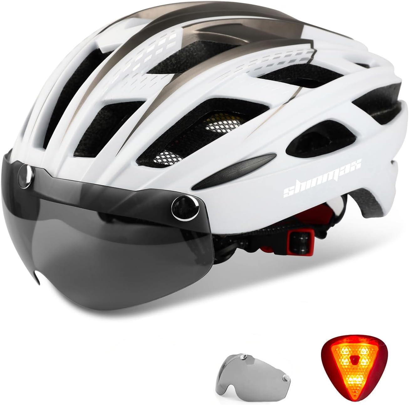 Casque de vélo avec éclairage LED, Casque de vélo avec éclairage de Sécurité Casque de vélo magnétique et écran Amovible Visiere à roulettes Ski Snowboard Casque Velo pour Homme Femme NR-096 L:57-62cm Blanc Gris