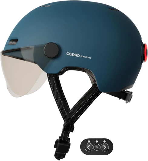 Cosmo Fusion+ - Casque Intelligent Vélo et Trottinette avec Visière, Taille Adulte - Clignotants, Feu de Freinage Automatique, Partage de Trajet, Détection de Chute, Assurance Bleu Mat