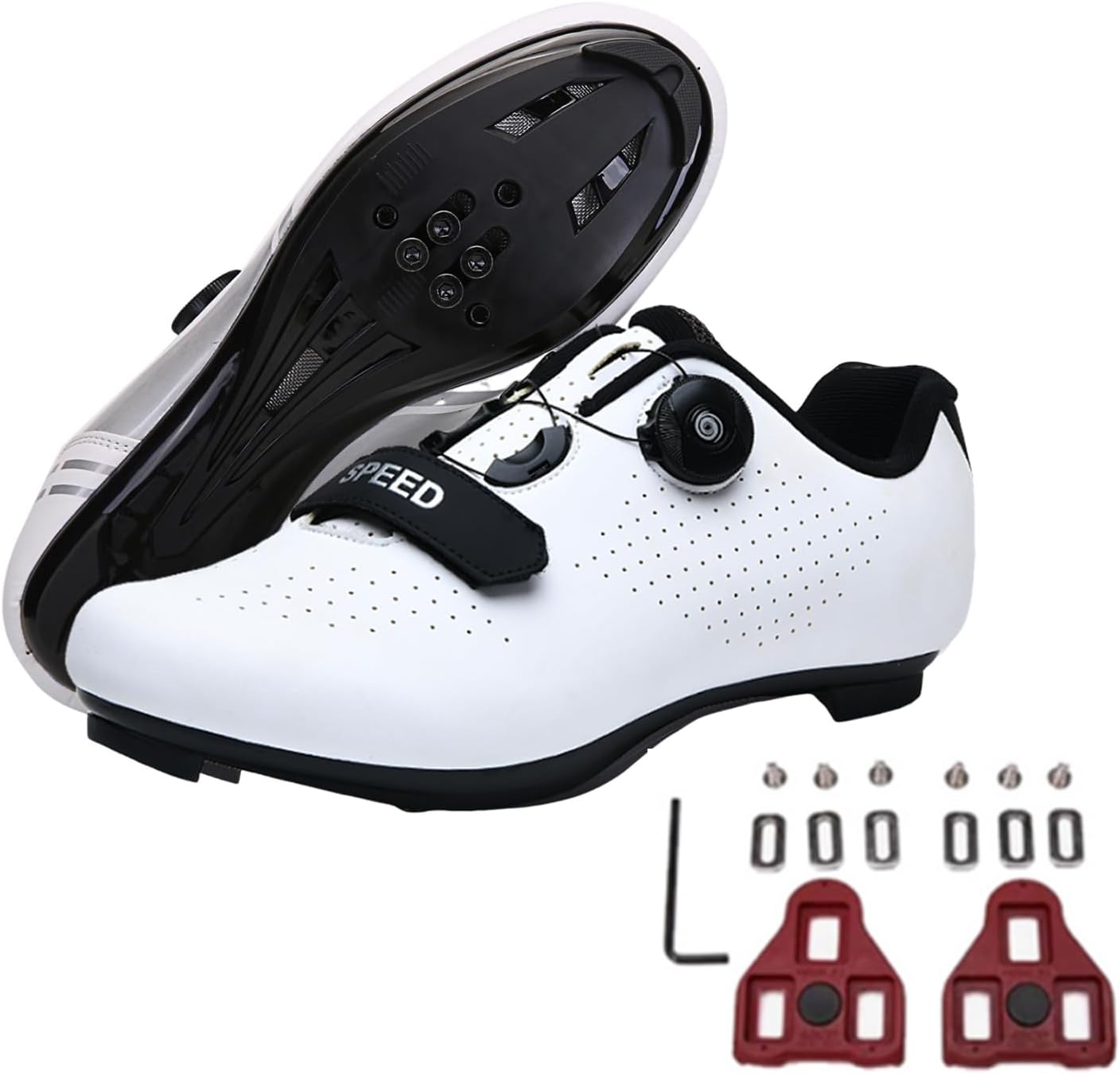 FANSU Chaussure Velo Route Homme, Antidérapants Chaussures de Cyclisme pour Hommes Femmes, Unisexe Chaussures de Vélo Lacets Rotatifs Route VTT avec Languettes Look Lock 36-47 EU 44 EU Blanc