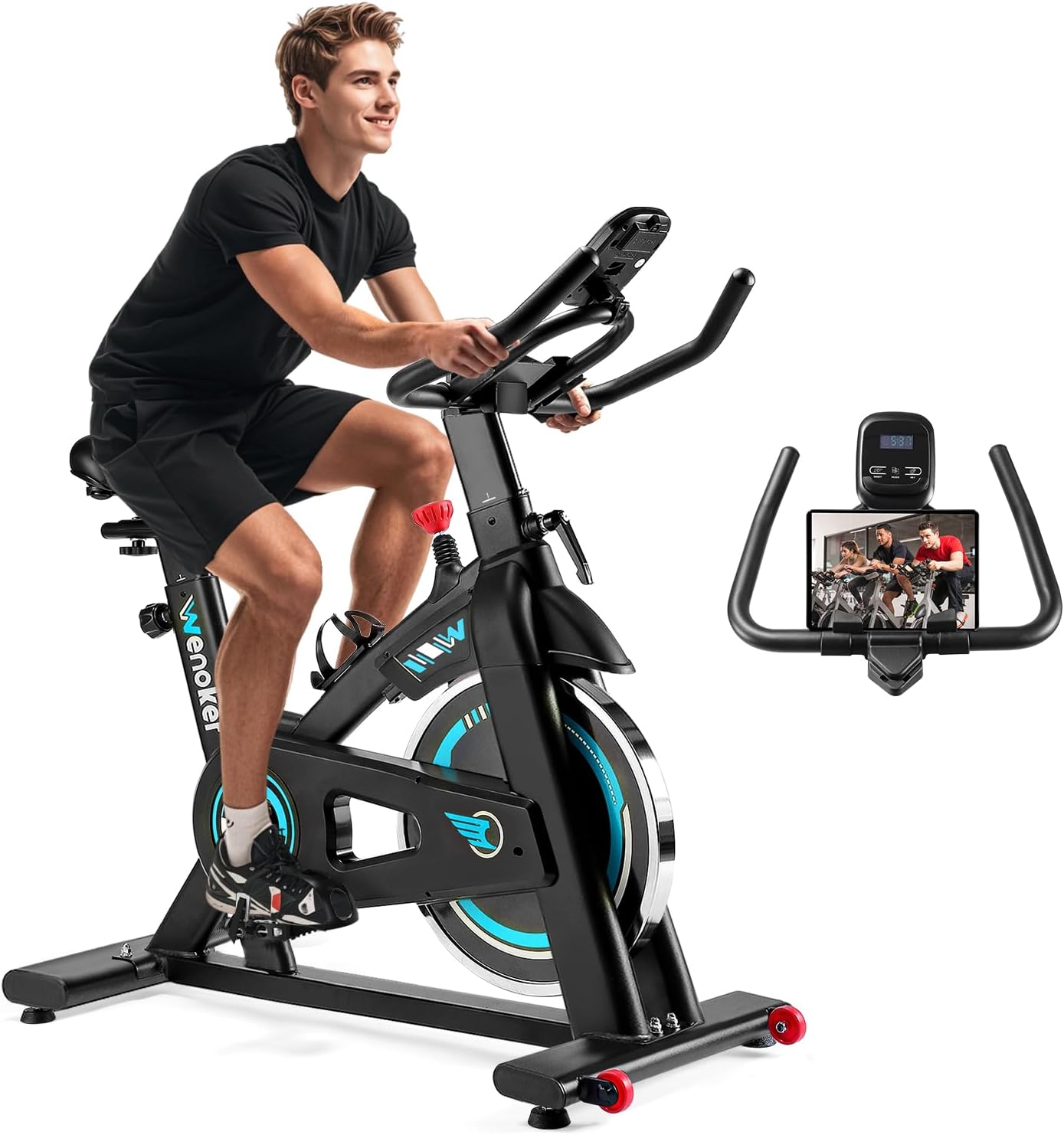 Vélo d'exercice Wenoker, vélo d'intérieur avec écran LCD, vélo d'exercice avec support de tablette, capacité de charge de 140 kg, vélos d'appartement silencieux pour la maison