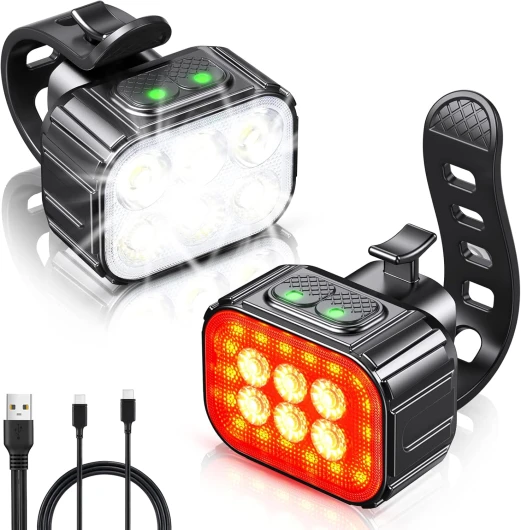Lumiere Velo avec Spot et Faisceau d'Inondation, Rechargeable par USB Lampe Vélo LED Étanche IP65, 2 x 4 + 2 x 6 Modes de Luminosité Eclairage Velo Avant et Arrière pour Cyclysme VTT Lot de 1