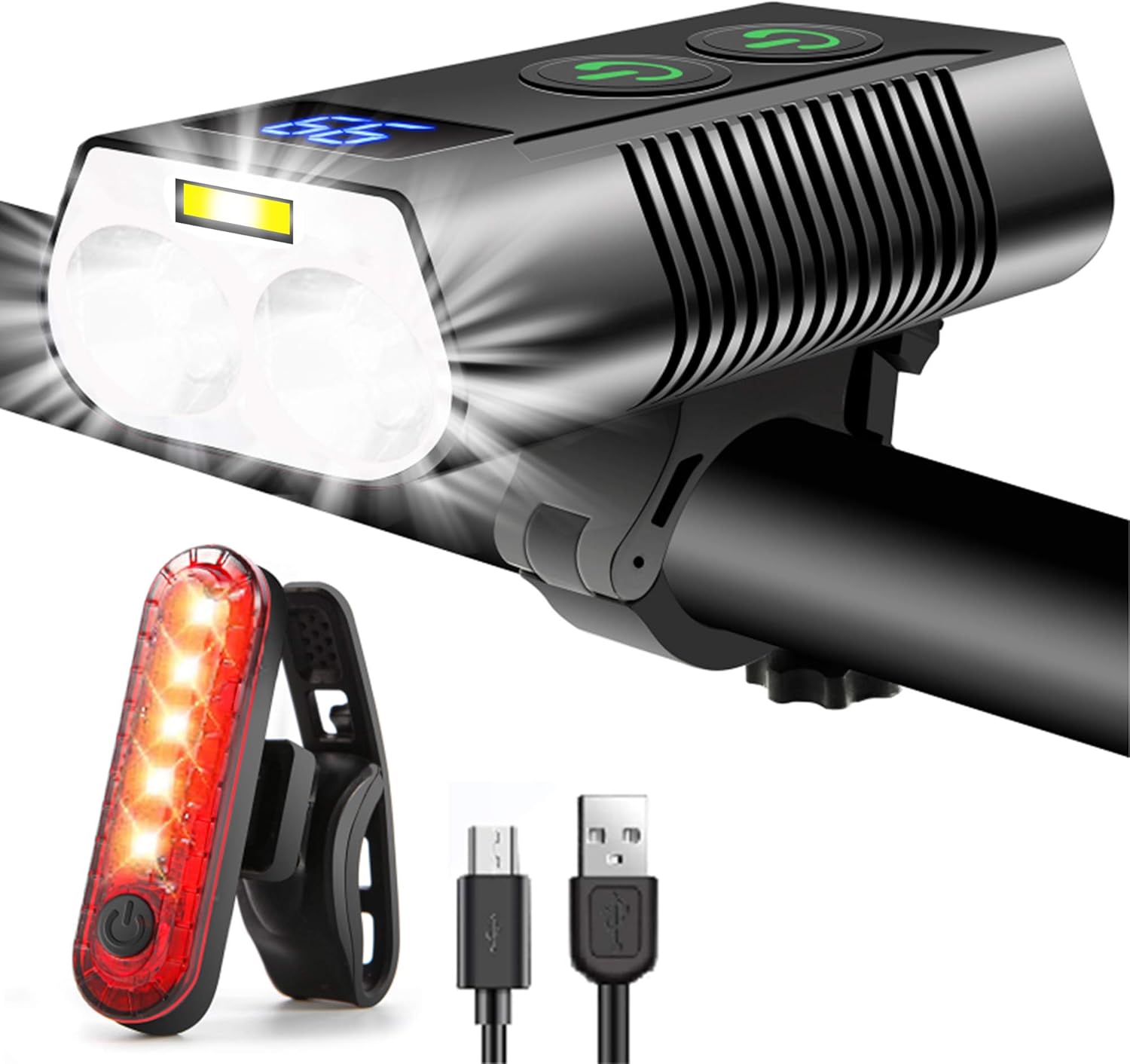 Lumiere Velo 3300 Lumen Super Lumineux, 5000 mAh Autonomie Très Longue Rechargeable Lampe Velo avec Feu Antibrouillard et Indicateur de Puissance, Lumière Vélo Avant et Arrière