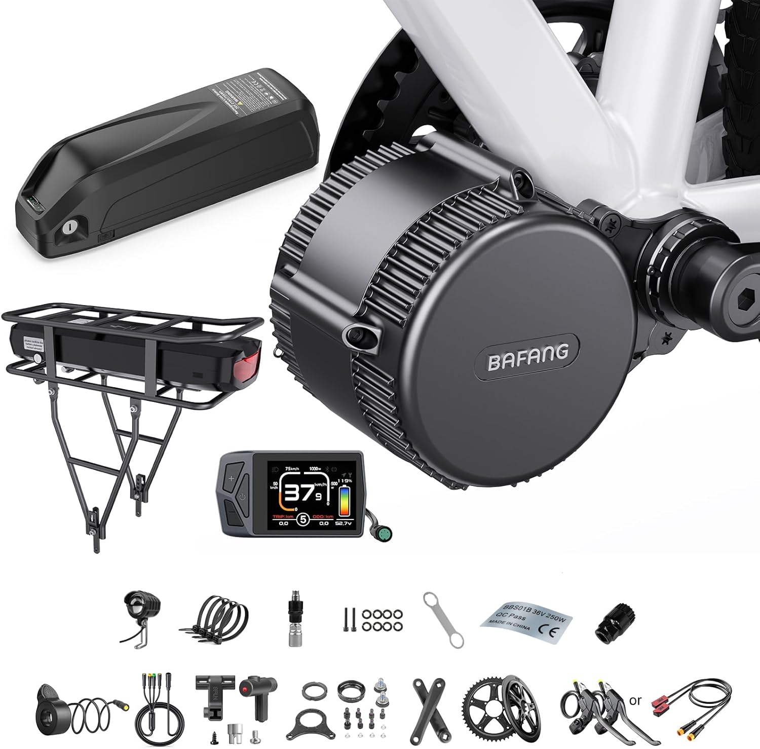 Bafang Kit Moteur Pedalier 36V 250W 350W 500W - BBS01B BBS02B Mid Drive Kits pour Brochette Inférieure 68-73MM, Kit de Conversion Vélo Électrique avec Optionnel Batterie et Accessoires