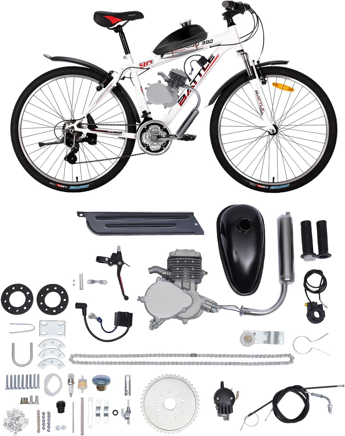 OUBUBY Moteur de vélo 2 temps à essence 80 CC pour kit de vélo, moteur à essence pour vélo, moteur auxiliaire de vélo, moteur monocylindre refroidi par air pour la plupart des vélos motorisés 26/28