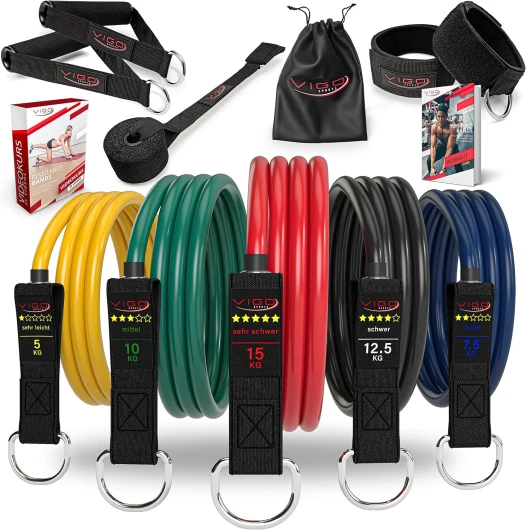 Premium Set Resistance Bands Expander Avec Workout Guide – Bandes de résistance tubes Parfait pour homme & Femme – votre Fitness Studio professionnelle pour la maison & déplacements Premium Set inkl - Videokurs