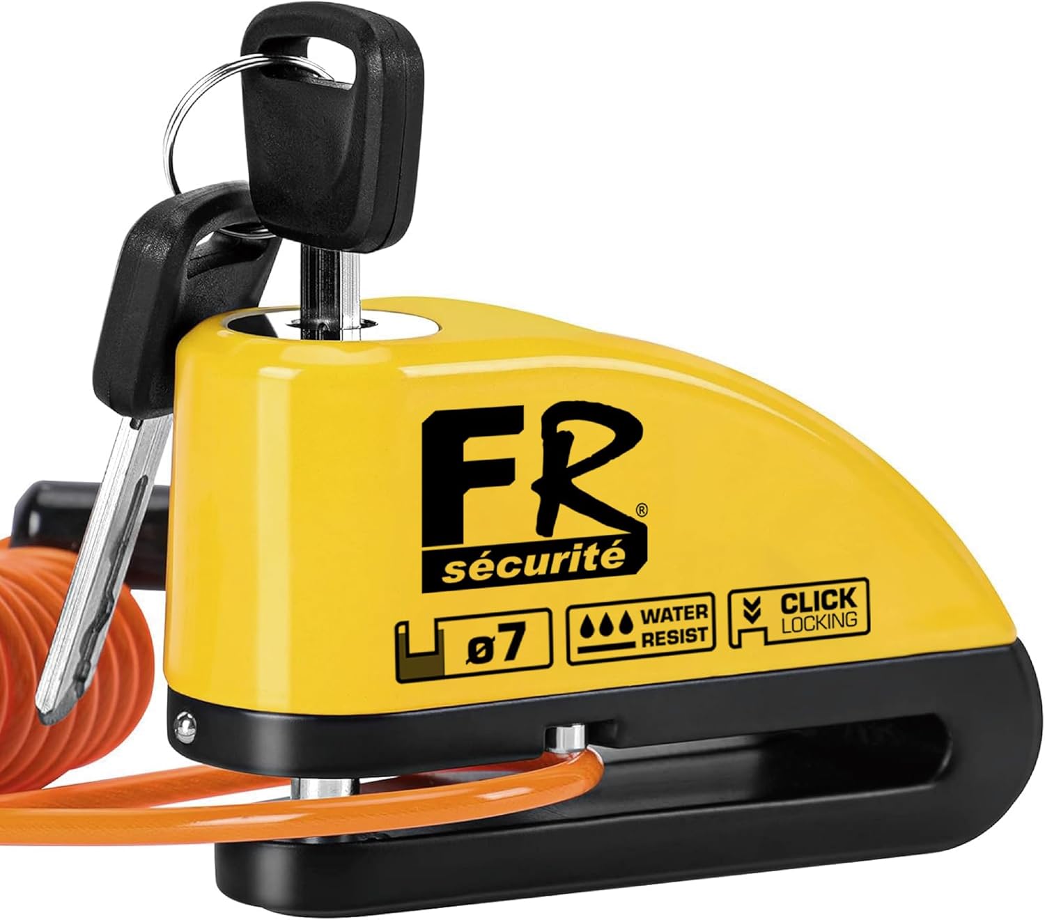 FR SECURITE FR7Y Antivol Moto, Bloc Disque Alarme 110db, Bloque Disque de Haute Sécurité avec 1.5m Câble Rappel, 6 Piles de Rechange et Sac pour Cadenas, Disc Lock pour Moto, Velo, Vespa