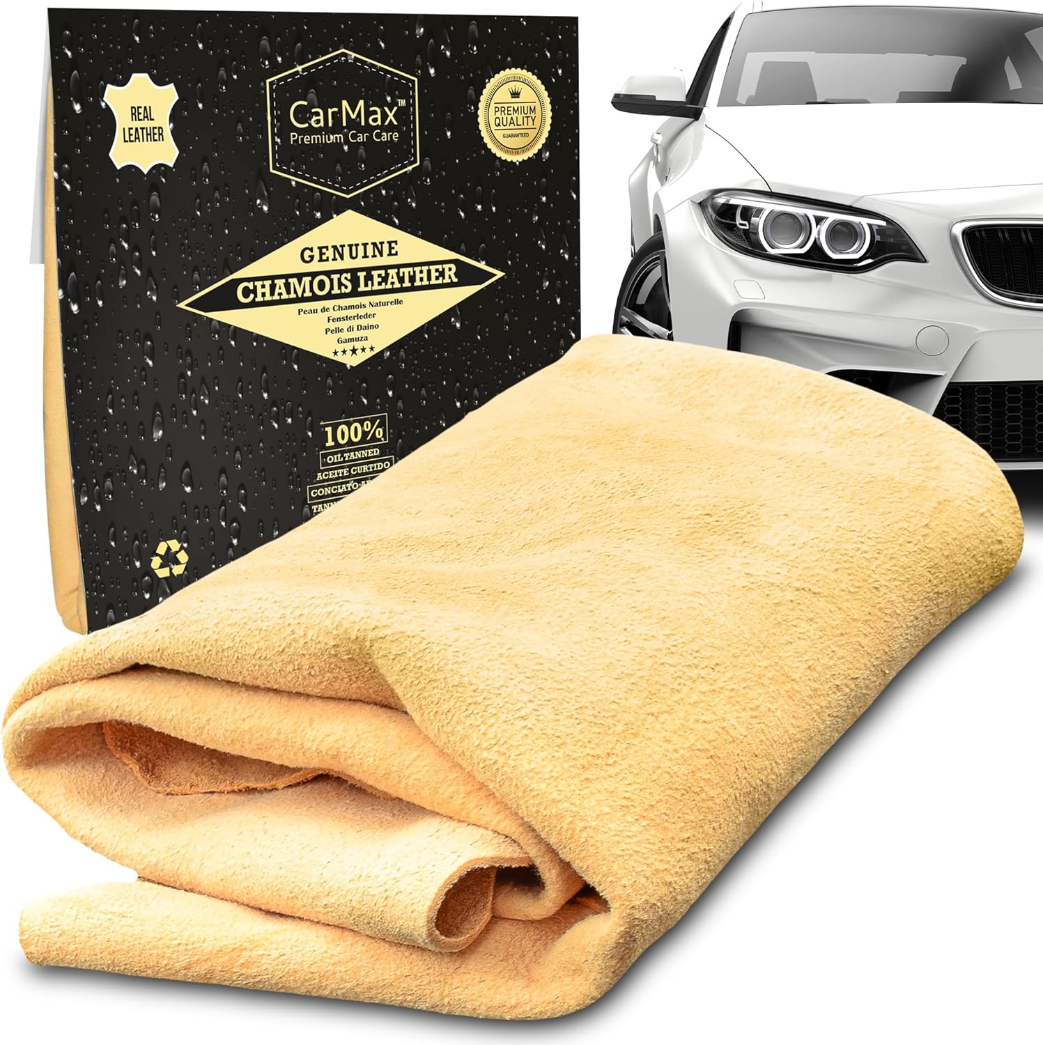 CarMax Peau de Chamois Naturel Anglais de qualité supérieure – Standard – Parfait pour Le Verre, Les miroirs, l'intérieur et l'extérieur, Super Doux et très Absorbant, Fabriqué en Europe Medium