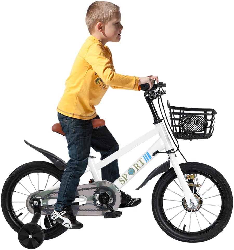 Bicyclette pour Enfants, Double Barre Bicyclette pour Enfants, en Acier à Haute teneur en Carbone, avec Roue auxiliaire A, 16 pouces, blanc