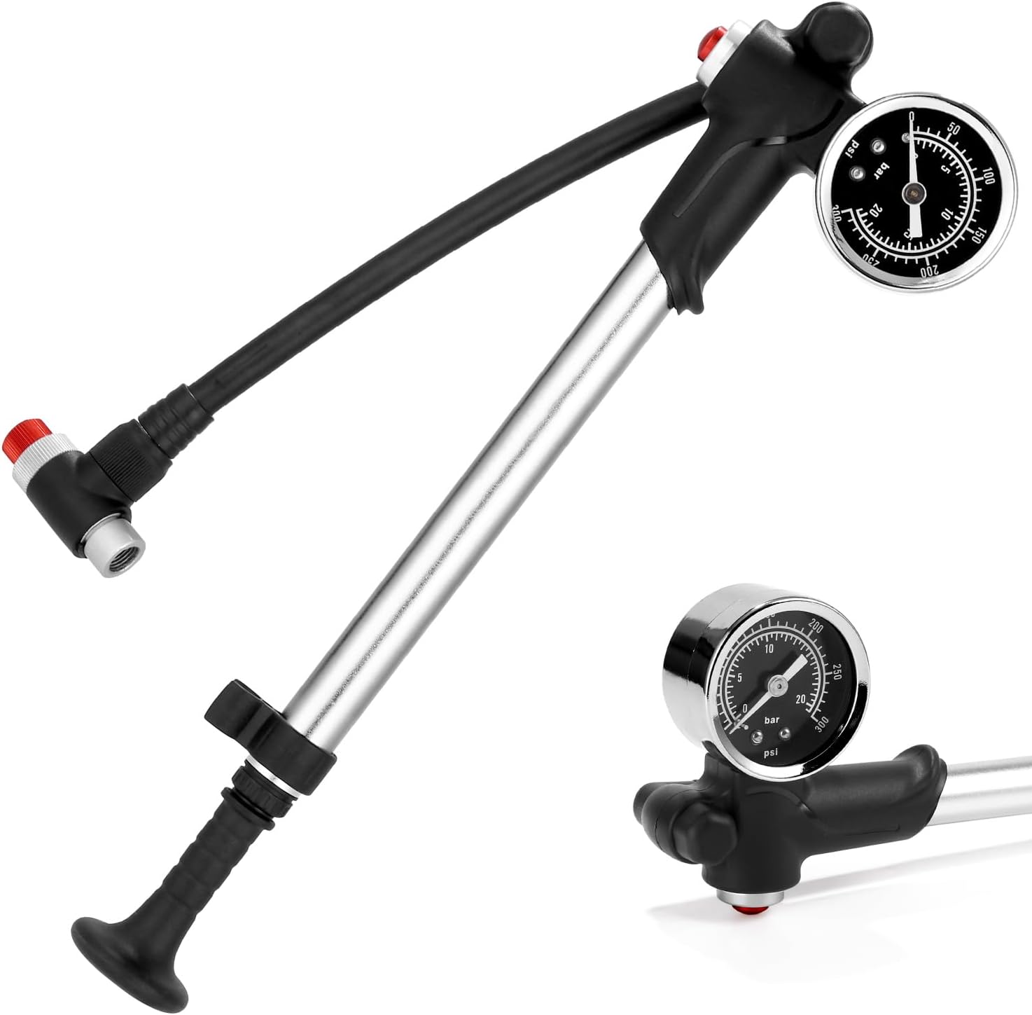 Zaxiva Pompe à Chocs Haute Pression(Max 300 PSI), Pompe d'amortisseur VTT avec manomètre et Bouton de Purge, Fourche de vélo/Suspension arrière 2 en 1 et Pompe à Pneu pour VTT, vélos de Route