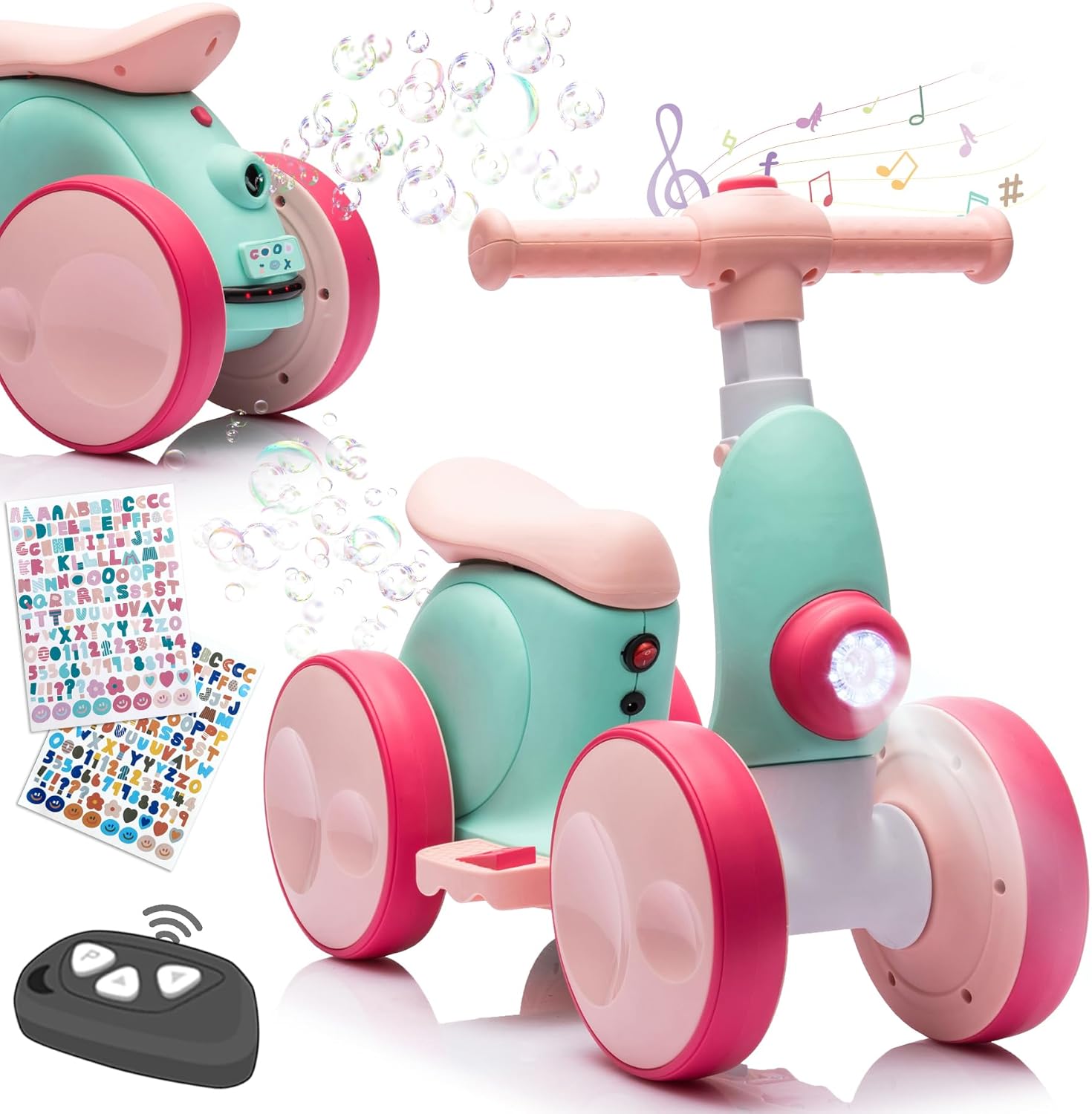 Voiture Électrique pour Enfant avec Machine à Bulles pour Garçons et Filles, 4 en 1 Vélo pour Enfants Âgés de 12 à 48 Mois avec Musique, Lumières LED, Cadeau pour Anniversaire, Noël, Rose-Vert
