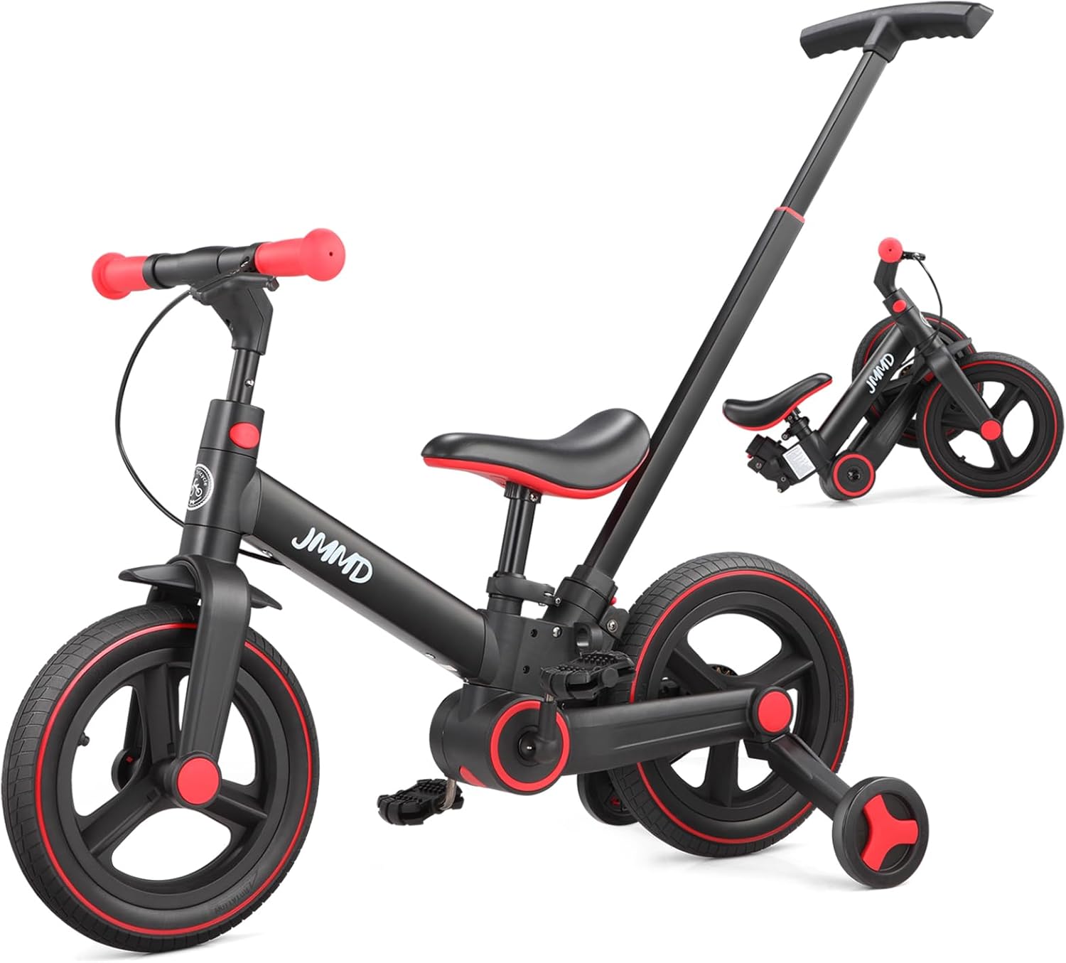 JMMD Vélo d'équilibre 6-en-1 avec Roues stabilisatrices et pédales Tricycle évolutif pour Enfants 18 Mois à 5 Ans Guidon réglable, Freins et béquille Design Pliable Multifonctionnel Noir