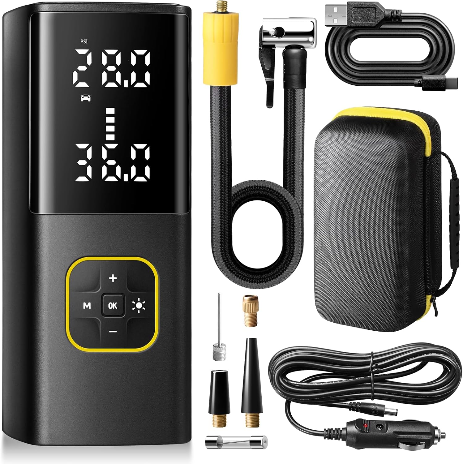 Zune Lotoo Compresseur à Air Portatif 150 PSI, 9000 mAh Gonfleur Pneus Voiture avec Écran Numérique LED, Mini Pompe Velo Electrique avec Câble 12V CC et Lumière LED pour Voiture, Moto, Vélo, Balles