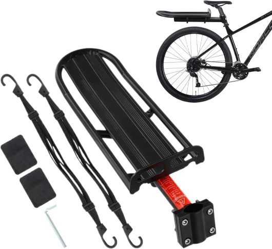 Porte-Bagages Vélo Arrière Réglable pour VTT, Vélo de Route, Tendeurs Elastique avec Crochets 60cm, Capacité 8kg, Étagère à Bagages Accessoire de Cyclisme pour Vélos avec Un Diamètre à 31,8 mm Set A