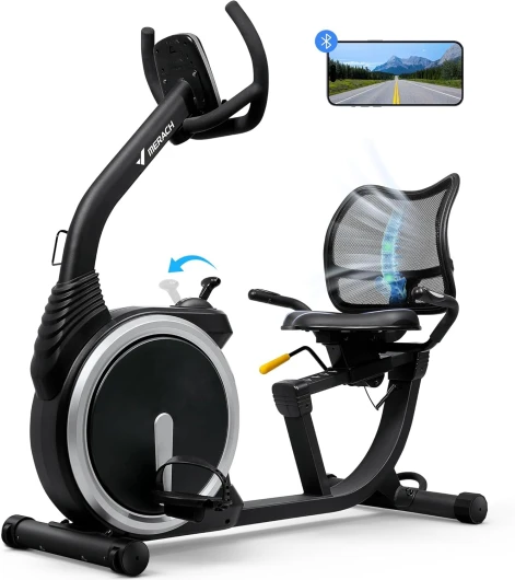 Vélo d'Appartement, Vélo Couché Magnétique à 8 Niveaux de Résistance Réglables, Vélo de Fitness Léger de Type Commercial pour Maison, Exclusive à l'App, Écran LCD, Capteurs Cardiaque Noir-plus