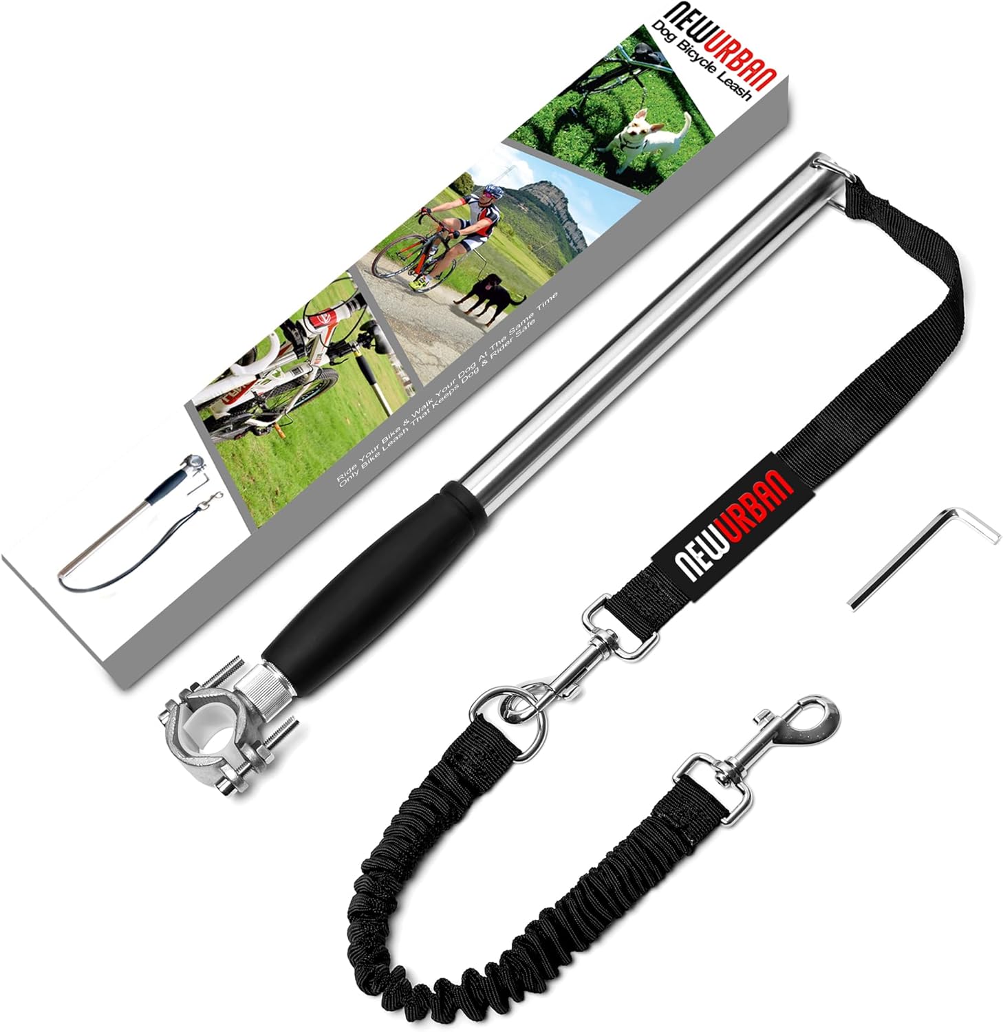 NEWURBAN Laisse de Vélo Pour Chien – Installation Facile – Vélo Pour Chien Mains Libres – Laisse D'exercice – Pour L'entraînement, le Jogging, le Cyclisme et l'extérieur – Corps Acier et Poignée Noire Acier et poignée noire S