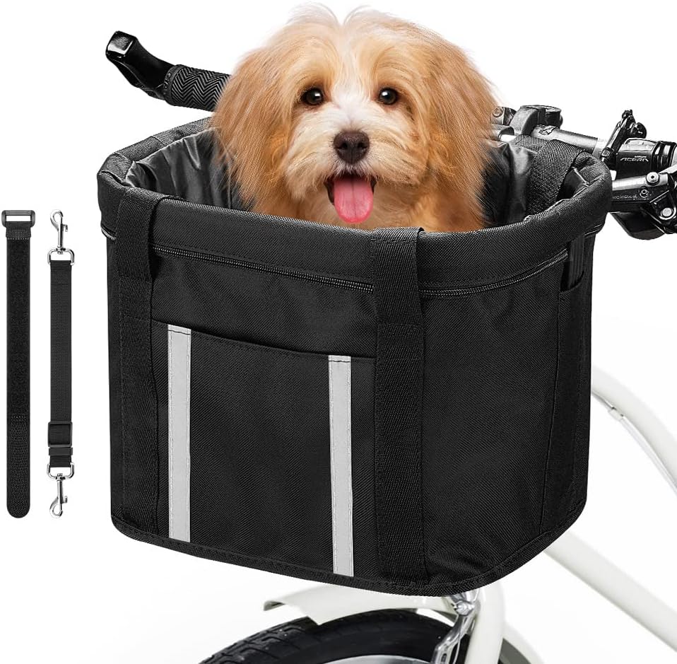 ANZOME Paniers Vélo, Porte-Chien Pliant à l'avant Amovible avec Bande réfléchissante Ajustez Les Ceintures de sécurité pour Chien Panier de Guidon de vélo Libération Rapide Installation Facile