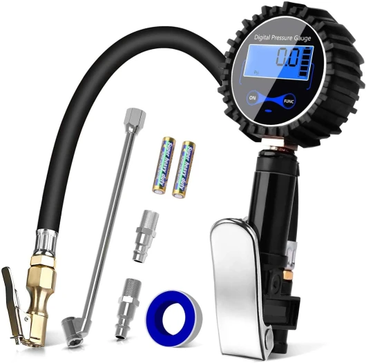 Numérique Manomètre Haute Précis Digital Jauge de Pression de Pneu Pistolet de Gonflage Pour Voiture Camion SUV Moto Vélo avec écran LCD, Air chuck et Tige à Double Tête 200PSI
