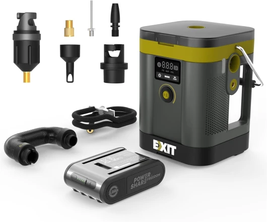 EXIT Gonfleur de pneu portable 20V EX010, pompe à air 150 PSI pour pneus de voiture, arrêt automatique, fonction de dégonflage, lumière LED, manomètre numérique pour voitures, vélos, ballons de sport