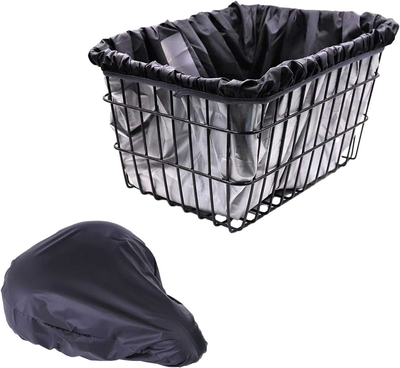 1 Housse De Pluie Pour Panier De Vélo Avec 1 Housse De Coussin De Siège De Vélo, Panier De Vélo Imperméable, Porte-Bagages Pour Sac De Vélo, Sac De Rangement Pour Sangle De Selle De Vélo (Noir)