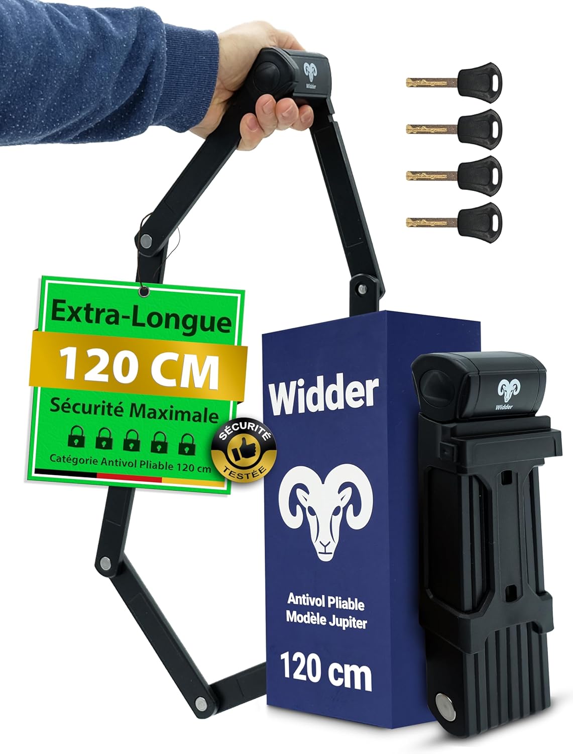 Widder Antivol pliable très sûr - 120 cm - Antivol pliant avec 4 clés et support comme antivol velo electrique - Idéal comme cadenas velo antivol, vélo électrique et anti vol vélo
