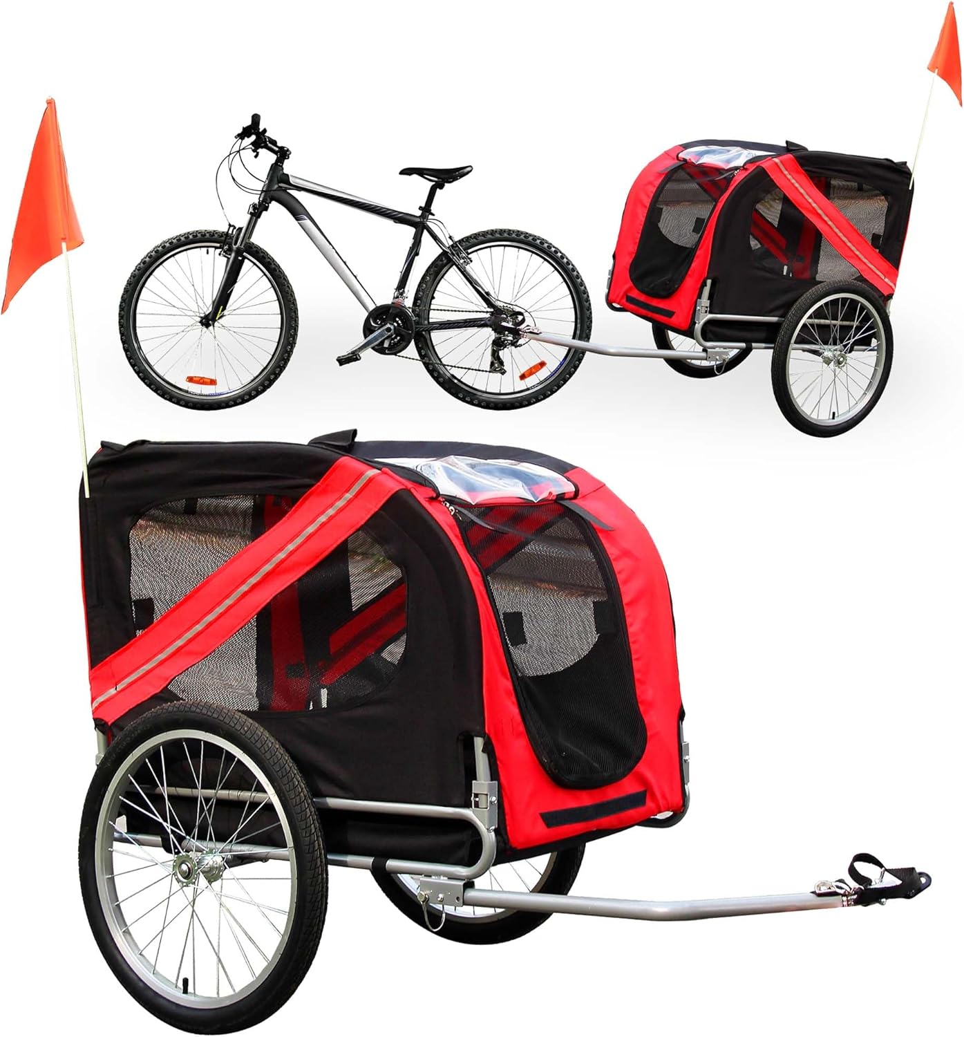 Remorque de vélo pour Chien, 2200 x 700 x 780 mm, capacité 40 kg, Poussette à attelage Embrayage Rotatif de sécurité, Moustiquaire, Tissu Anti-Pluie Noir / Rouge